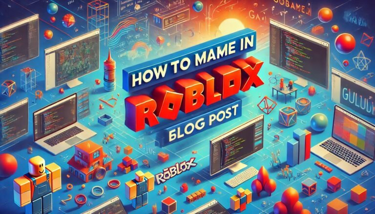 A high-quality featured blog post image for "How to Make a Game in Roblox," with clear and bold text, showcasing a Roblox development theme.