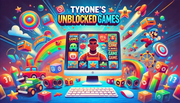 A colorful and engaging featured image for 'Tyrone’s Unblocked Games' showcasing various game genres like action, puzzle, and racing in a fun, arcade-style design